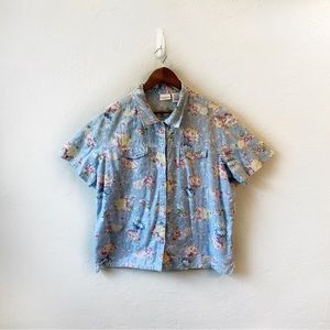 Vintage Bobbie Brooks Button Down Blue Floral Eyelet Cottagecore Shirt 18W